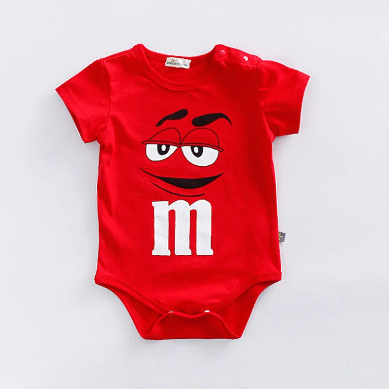 Cute colorful M&M face baby romper, ideal summer outfit gift for infants & toddlers. Short sleeve, comfy & playful.
