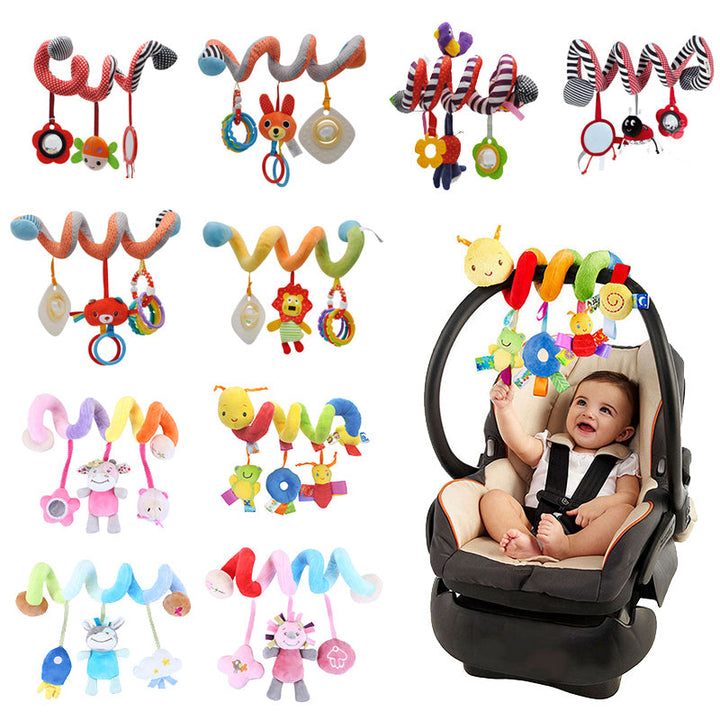 Plush spiral activity rattle toy with engaging textures & sounds for infant development.