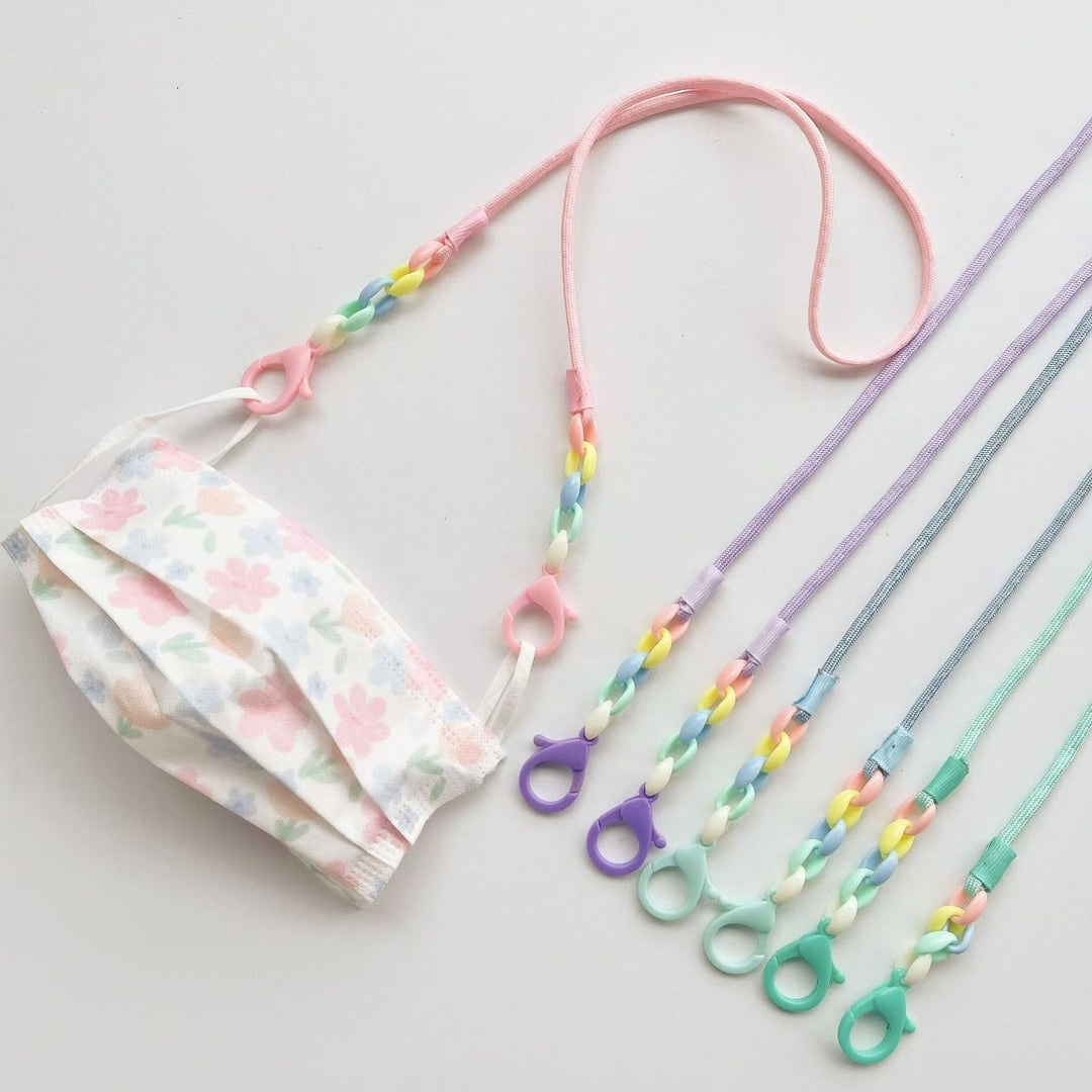Fashionable eyewear holder: a bright beaded chain with strong secure clips for eyeglasses & sunglasses.