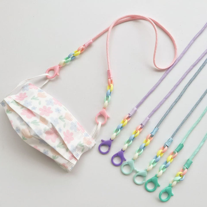 Fashionable eyewear holder: a bright beaded chain with strong secure clips for eyeglasses & sunglasses.