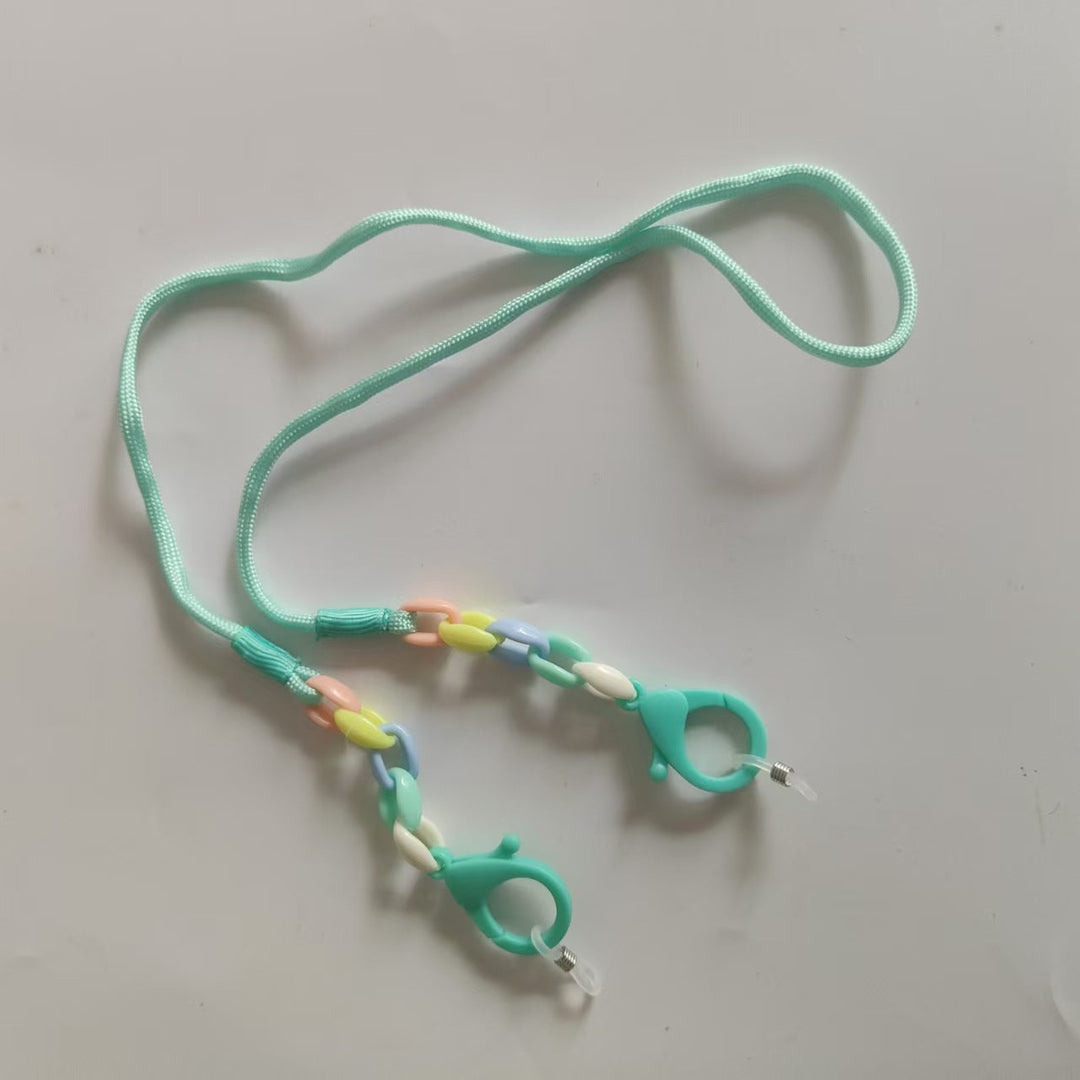 Decorative colorful beaded chain, designed as a secure and fashionable holder for eyeglasses and sunglasses.