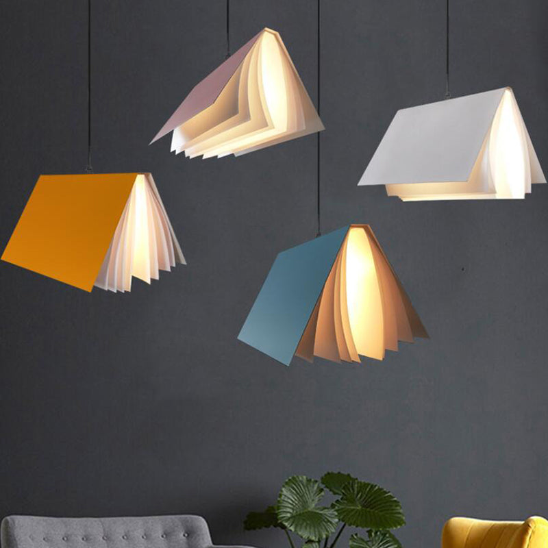Colorful book-style pendant light, perfect ceiling fixture for kids' room decor.