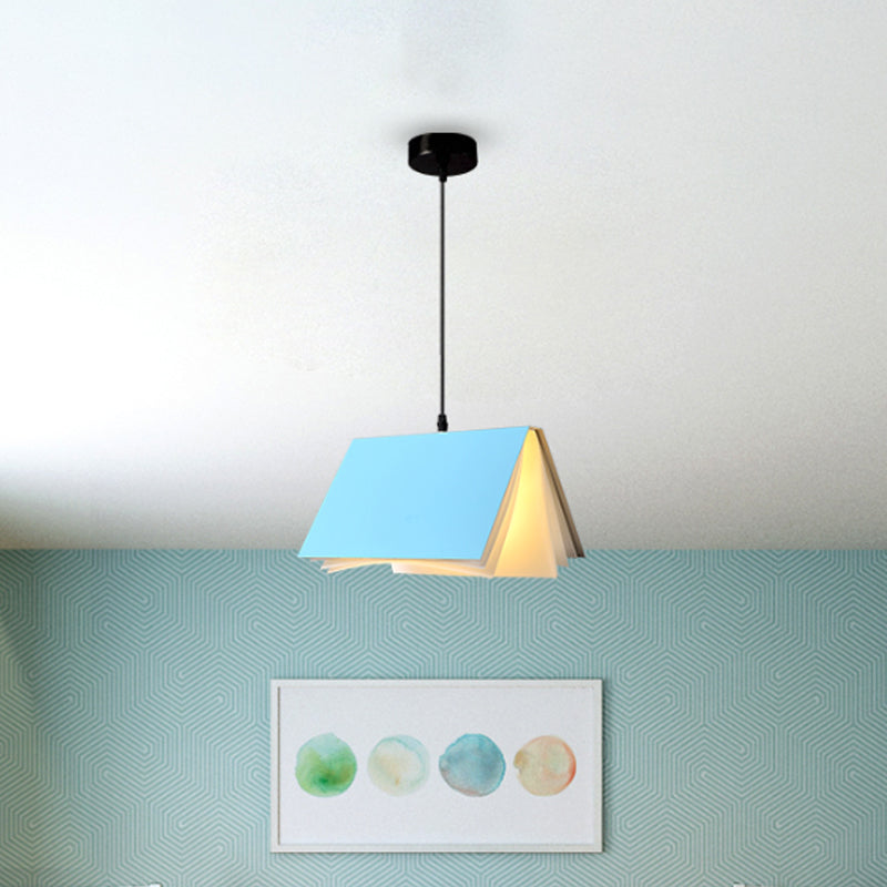 Kids room decor: multi-colored book-style pendant light fixture.
