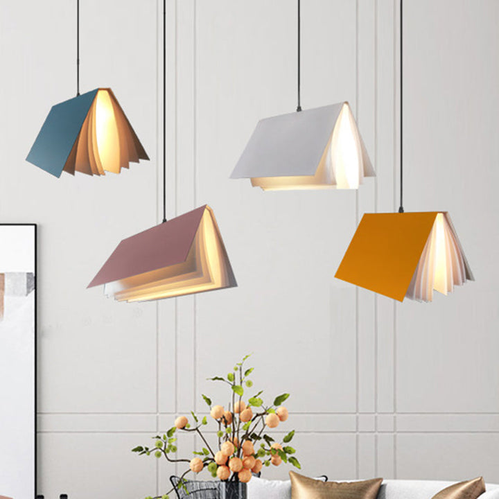 Decorative book-style pendant light, vibrant addition to any kids' room.