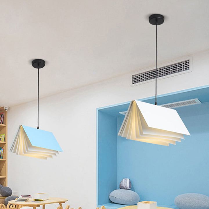Whimsical book pendant light, colorful ceiling fixture for a happy kids' space.