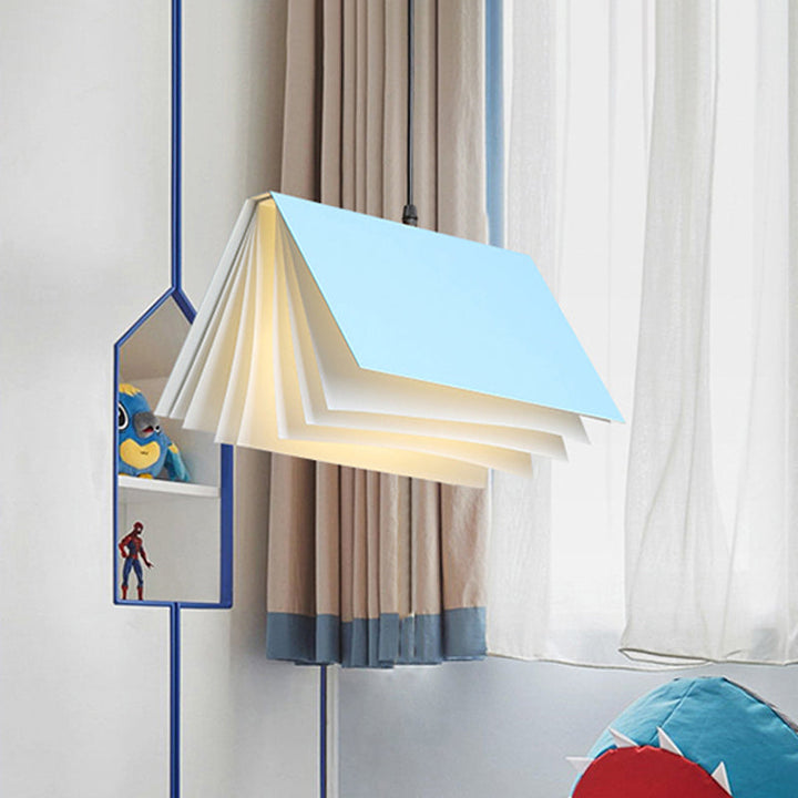 Kids' room colorful pendant light, unique book design ceiling fixture.