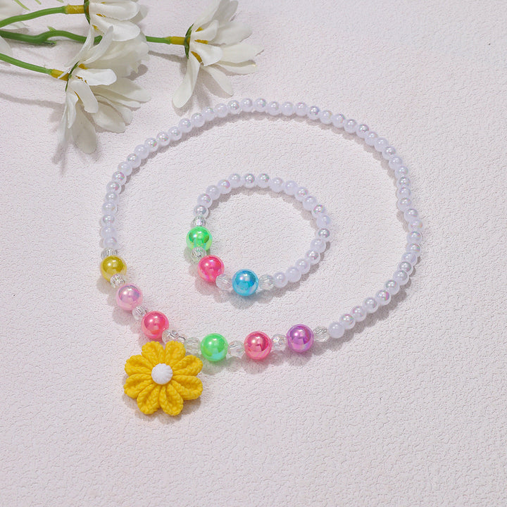 Cute flower pendant necklace with colorful beads & matching bracelet for children's fashion jewelry.