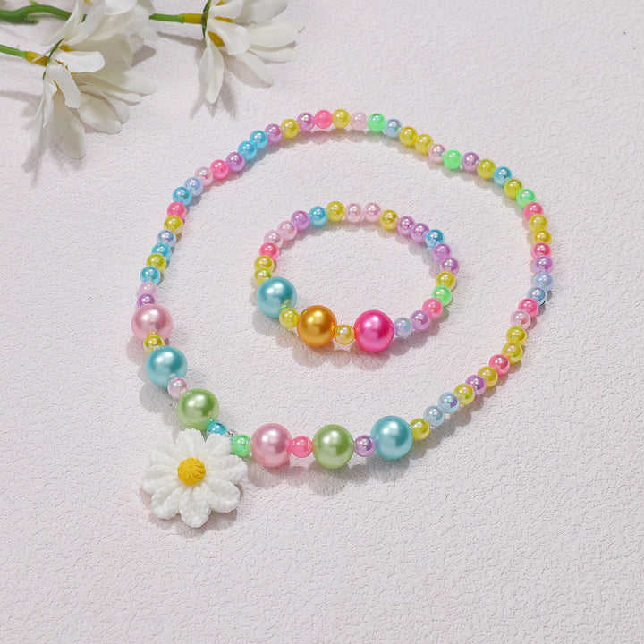 Beaded flower pendant necklace and bracelet set for girls, bright & stylish children's jewelry.