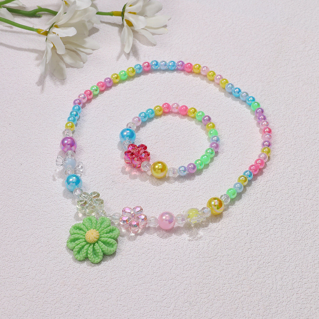 Festive colorful flower pendant necklace & bracelet set, perfect for girls' parties or daily wear.