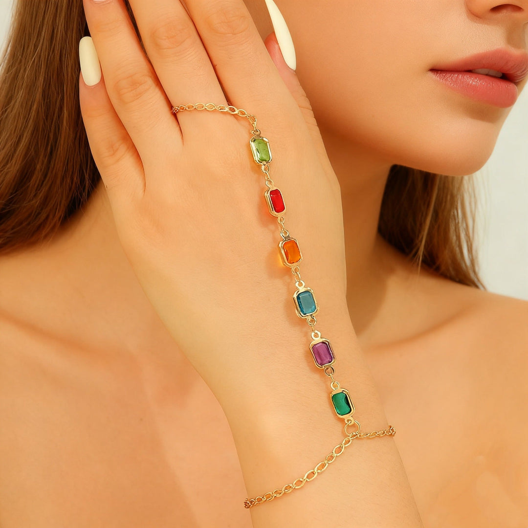 Colorful gemstone charm bracelet for women, elegant fashion jewelry. Adjustable wristwear with vibrant stones.