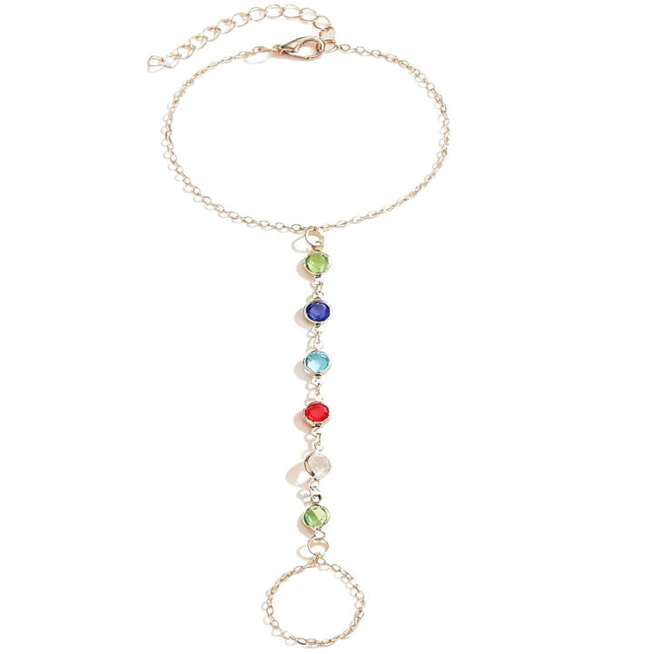 Fashionable women's bracelet, adorned with colorful gemstones and delicate charms. Adjustable and elegant.