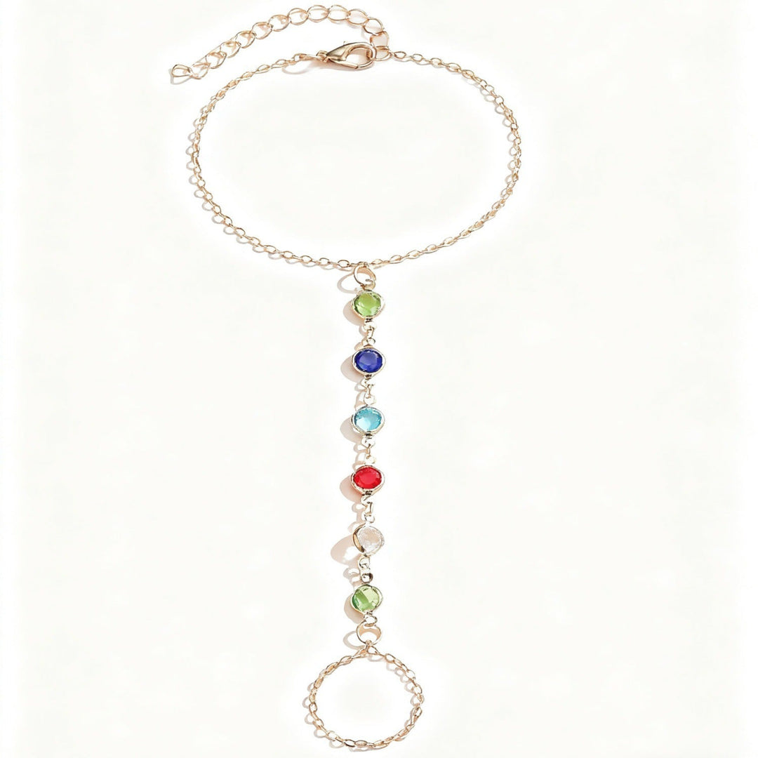 A women's colorful gemstone charm bracelet displayed as a perfect gift. Fashionable, elegant, and adjustable.