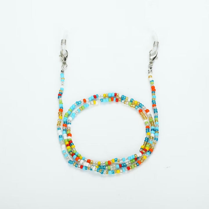 Colorful glass bead necklace, unisex design, fashion accessory with a carabiner clasp. Vibrant jewelry piece.
