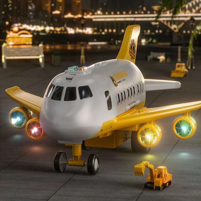 Colorful interactive children's airplane toy with flashing lights for imaginative pretend play.