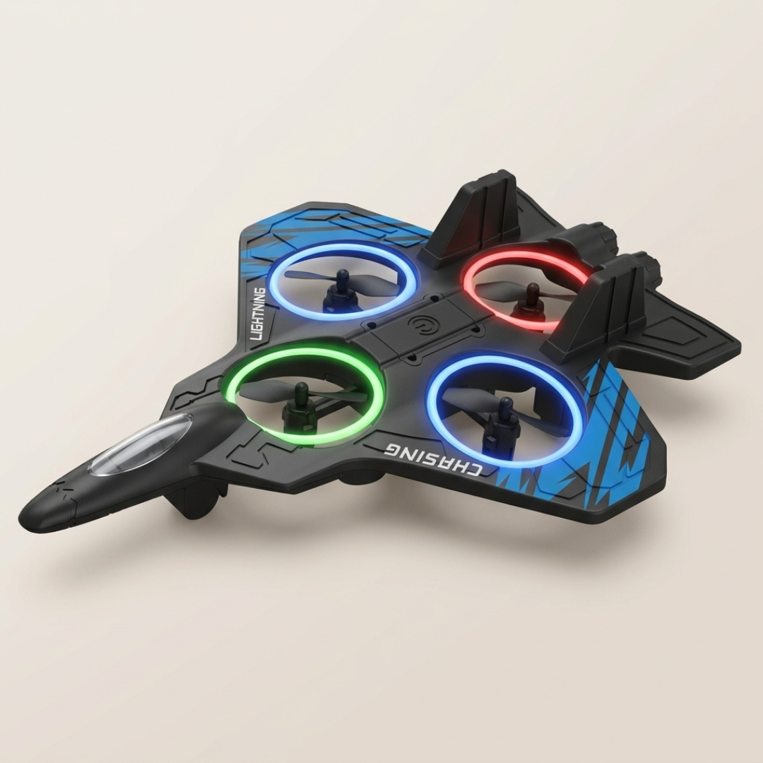 Colorful Kids' LED foam drone flying, featuring bright lights & soft crash-resistant material, perfect for beginners.