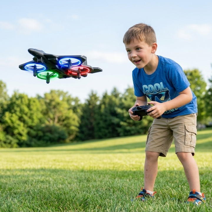 Child playing with a crash-resistant remote control LED foam drone, designed for easy indoor and outdoor flying.