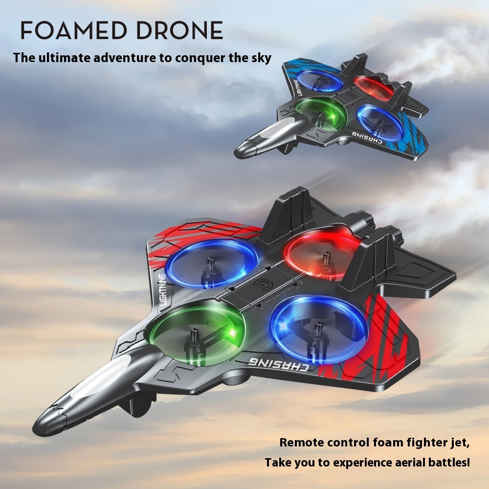 Excited child launching a bright LED foam drone, a fun crash-resistant remote control flying toy for toddlers.