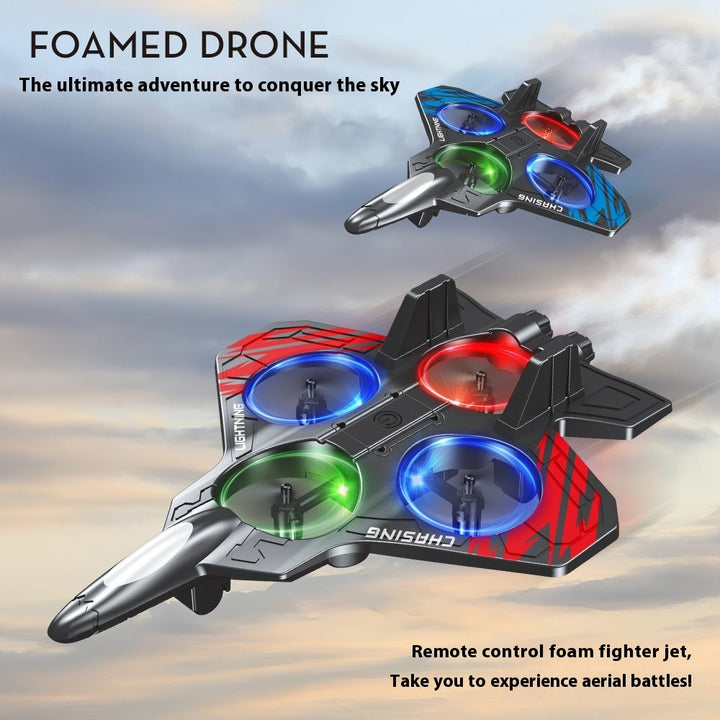 Excited child launching a bright LED foam drone, a fun crash-resistant remote control flying toy for toddlers.