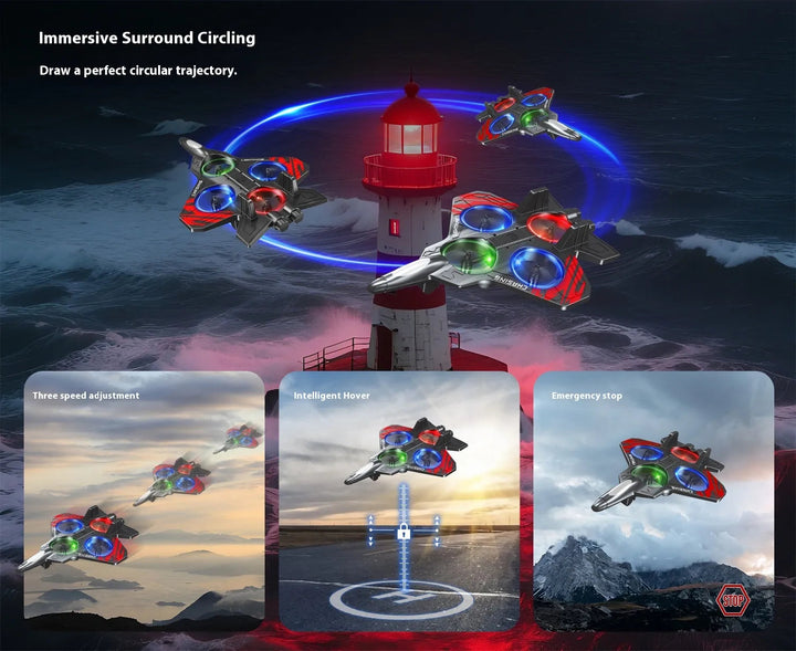 Remote controller next to a glowing LED foam drone, highlighting its crash-resistant design for young pilots.