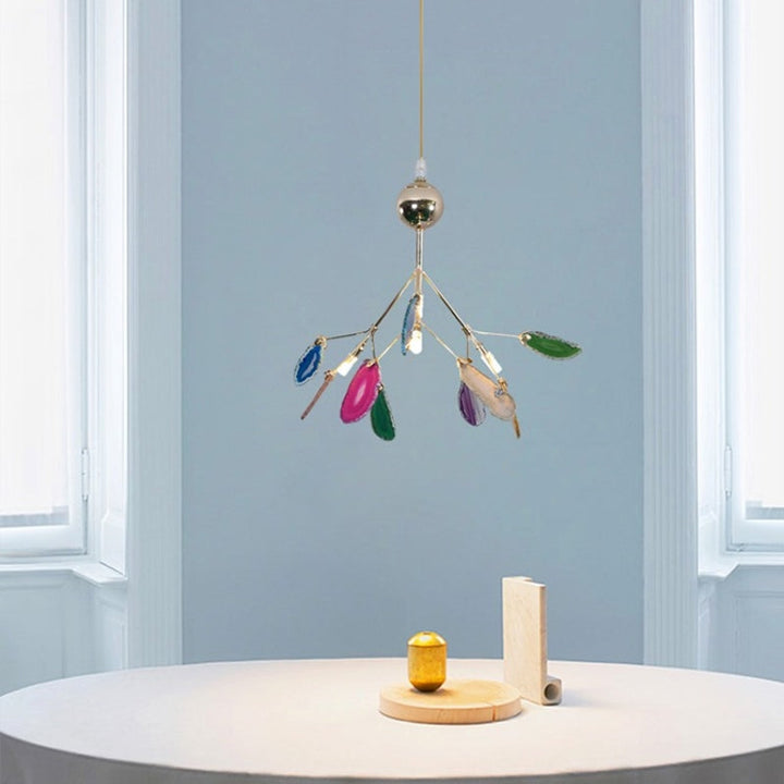 Vibrant LED chandelier, modern ceiling fixture adding a pop of color to any room.