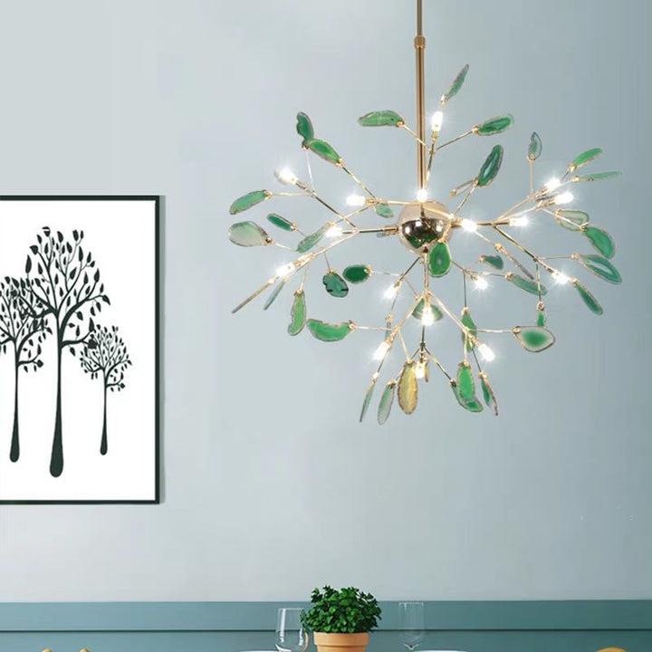 Contemporary LED chandelier with colorful lights, ideal for living room and bedroom decor.