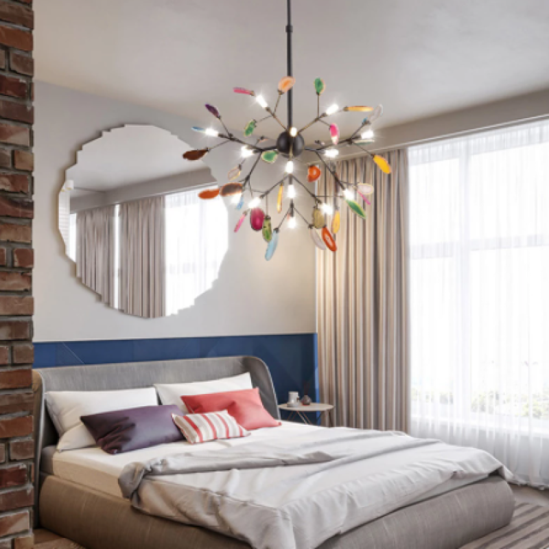 Modern decorative LED chandelier, a sleek metal lamp with a beautiful colorful glow.