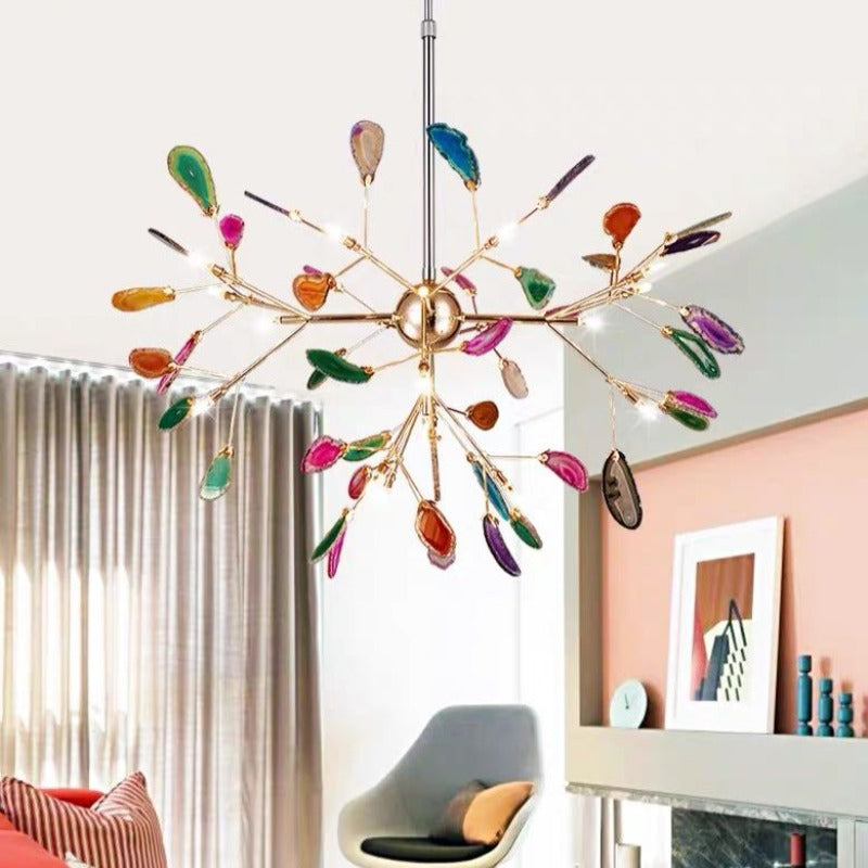 Modern LED chandelier with vibrant colors, perfect home decor for any contemporary space.
