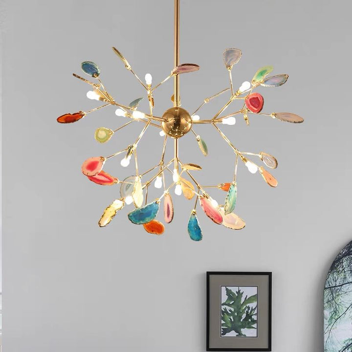 Decorative colorful LED chandelier, an elegant metal lamp for modern living rooms.