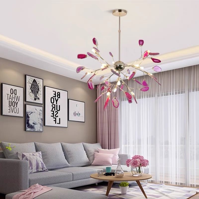 Dynamic colorful LED chandelier, enhancing modern home decor with brilliant illumination.