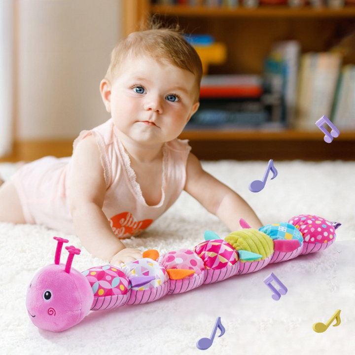 Soft plush musical caterpillar toy, ideal newborn baby gift for sensory exploration & early learning.