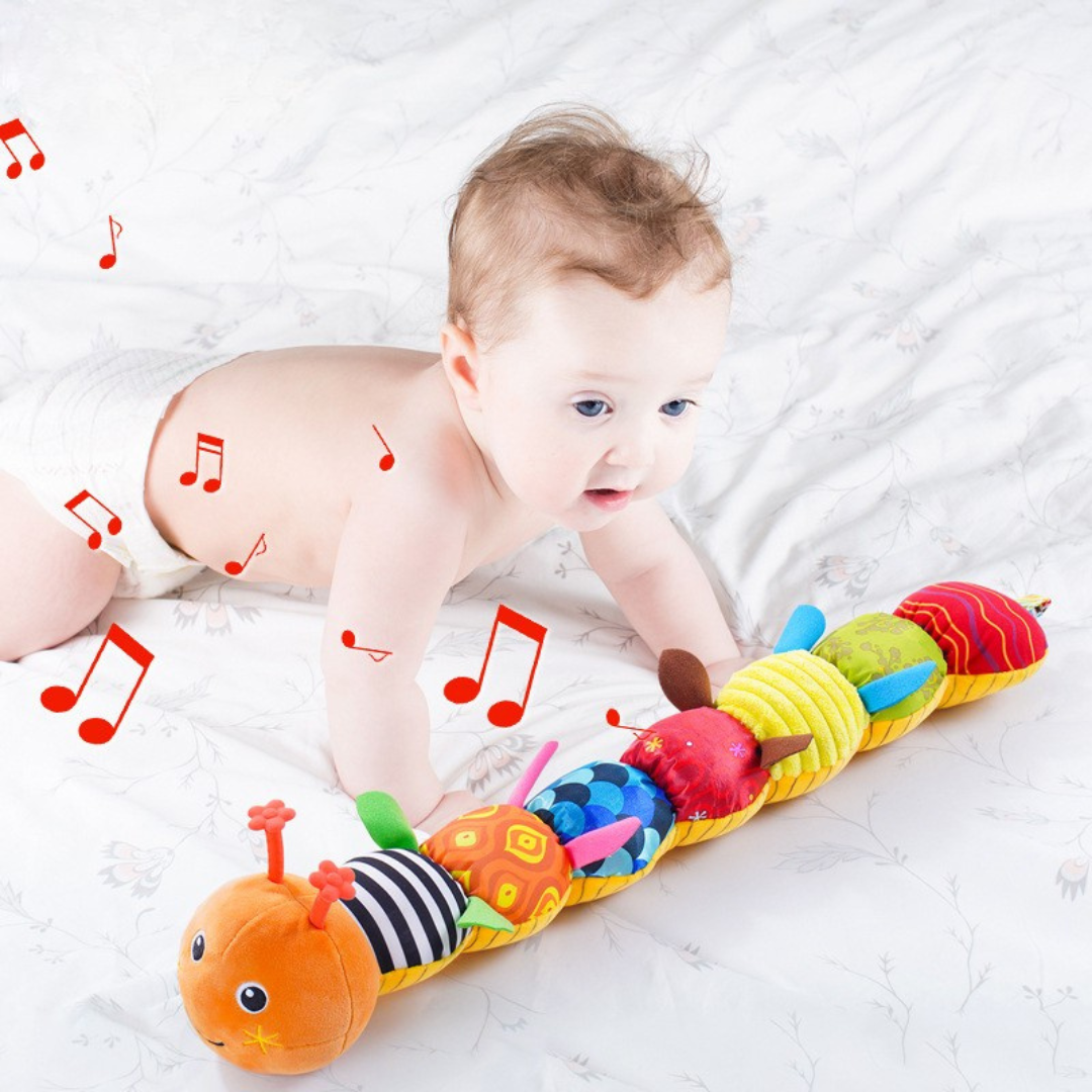 Brightly colored musical plush caterpillar for babies, stimulating sensory play & early childhood development.