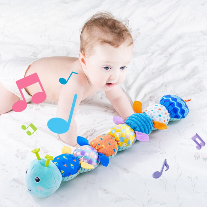 Unisex baby musical caterpillar plush toy, fostering sensory exploration and fine motor skills in infants.