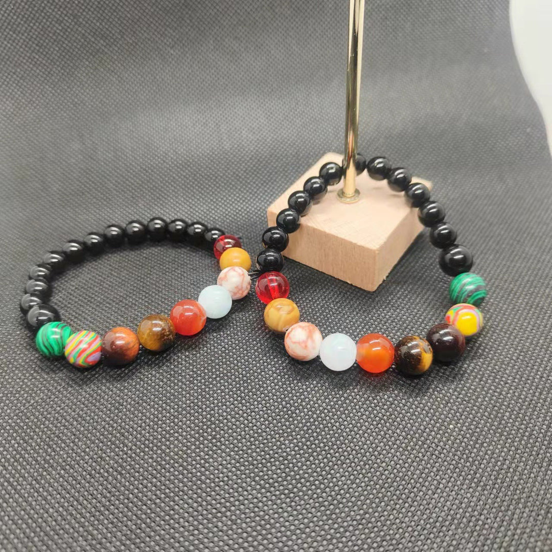 Elastic natural stone beaded bracelet, a colorful women's fashion accessory. Stylish gemstone jewelry.
