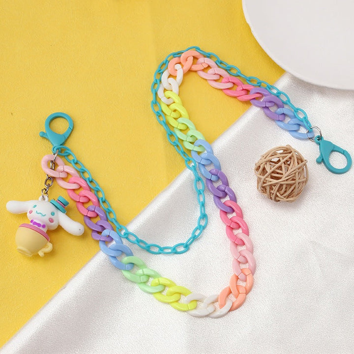 Unique colorful plastic chain keychain with a decorative charm, lightweight and eye-catching.