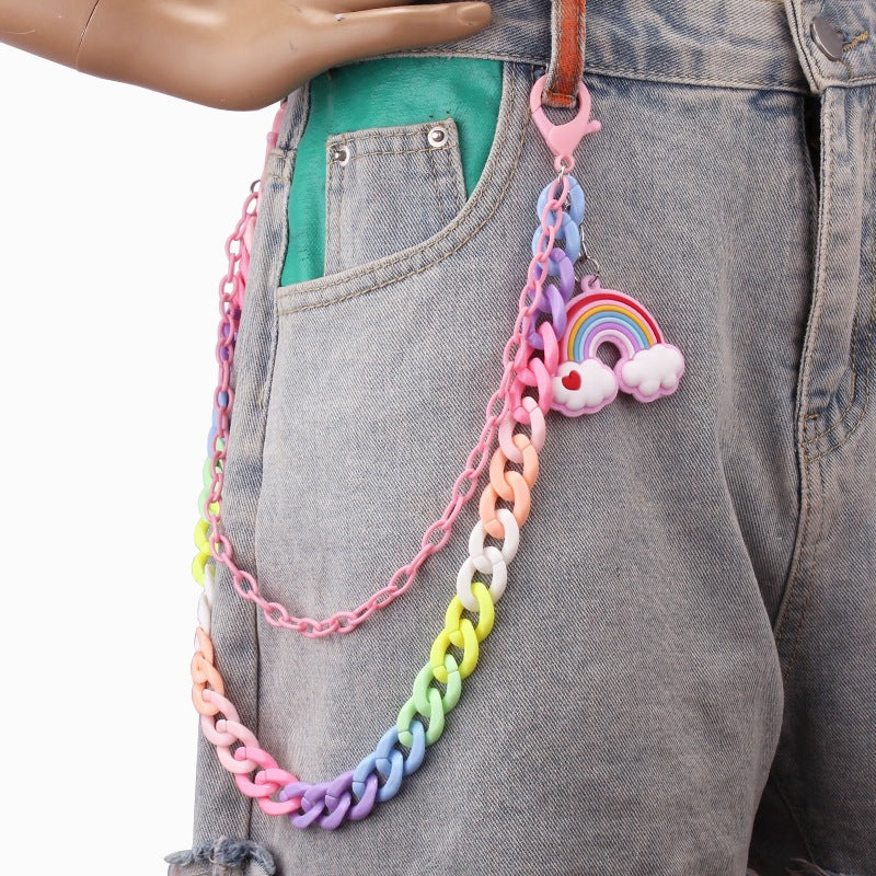 Fashion-forward colorful plastic chain keychain with an eye-catching charm, ideal accessory.