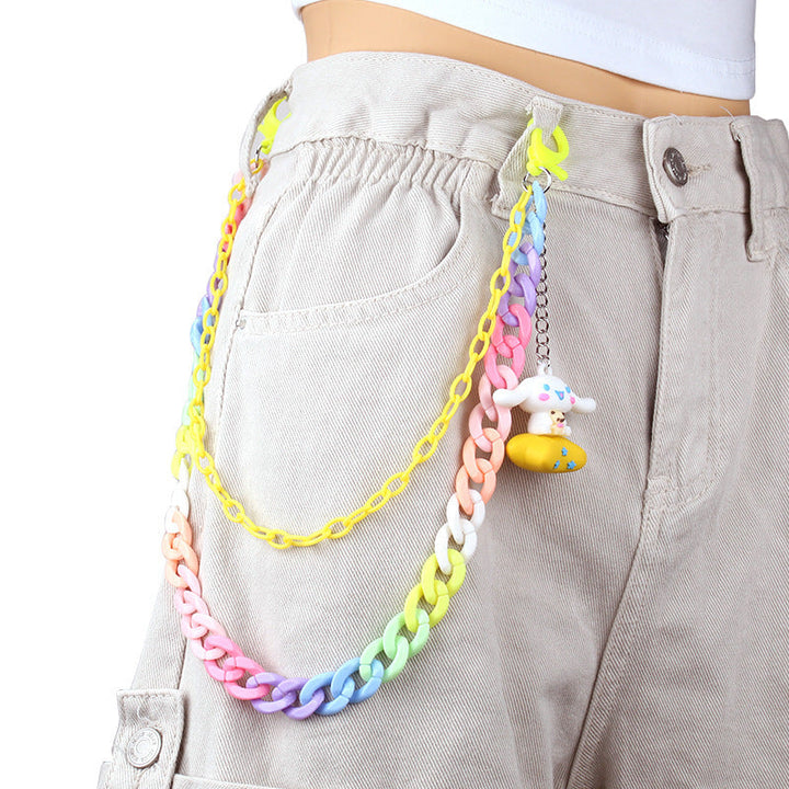 Modern colorful plastic chain keychain featuring a unique charm, perfect fashion accessory.