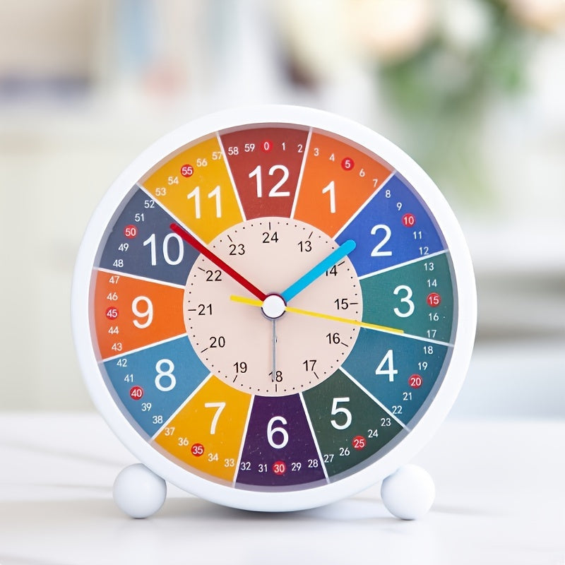 Colorful silent educational alarm clock for children, helping students learn time in their room.