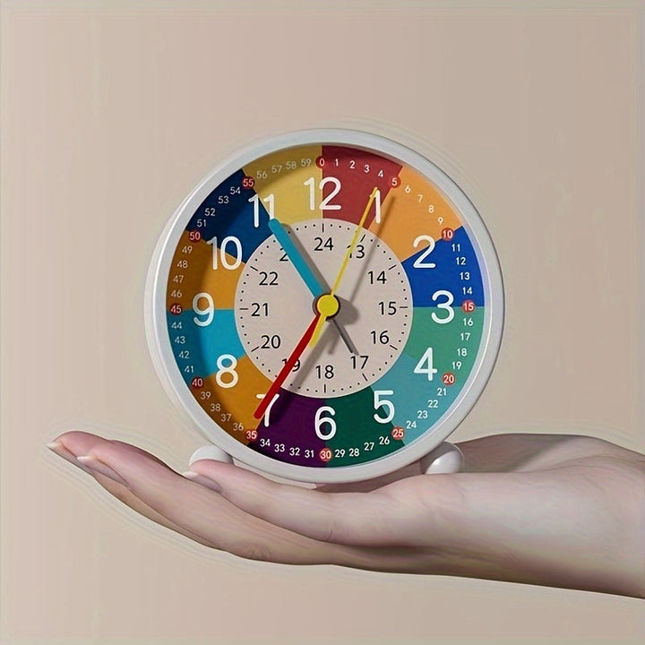Educational silent alarm clock, colorful and child-friendly, designed for students mastering time.