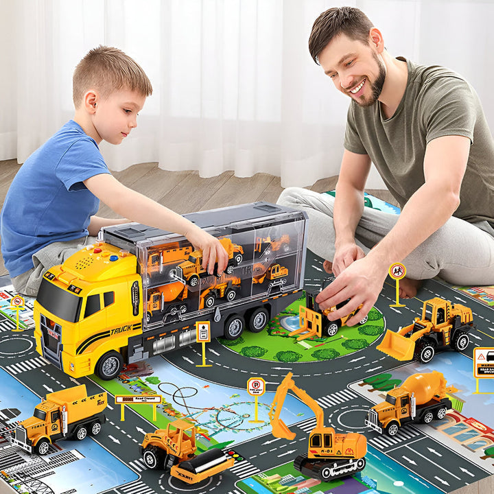 Toddler kids building set for creative play; non-toxic plastic construction vehicles & tools for STEM learning.