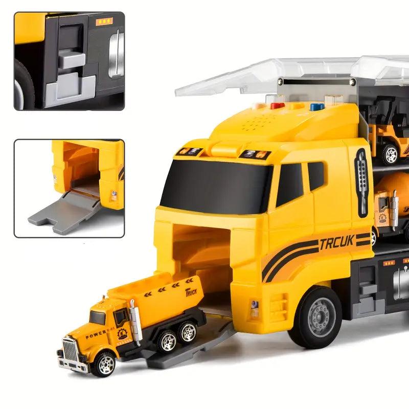 Assortment of non-toxic plastic construction vehicles & tools, a complete STEM building set for toddlers' educational play.