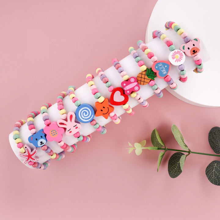 Vibrant elastic beaded charm bracelet for women, a playful accessory with various colorful beads & unique charms.