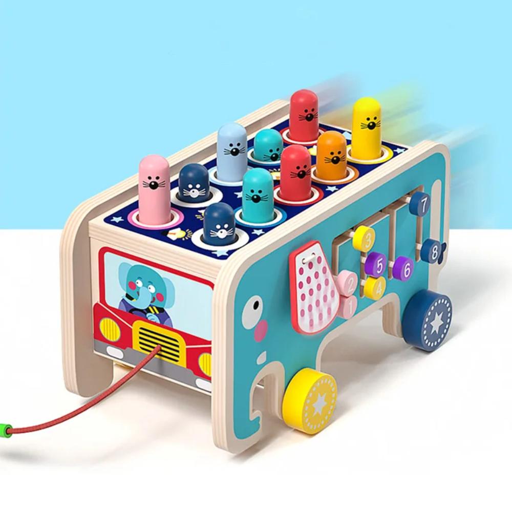 Baby's wooden Whack-A-Mole Montessori toy with xylophone. Fun sensory & educational activity for toddlers.