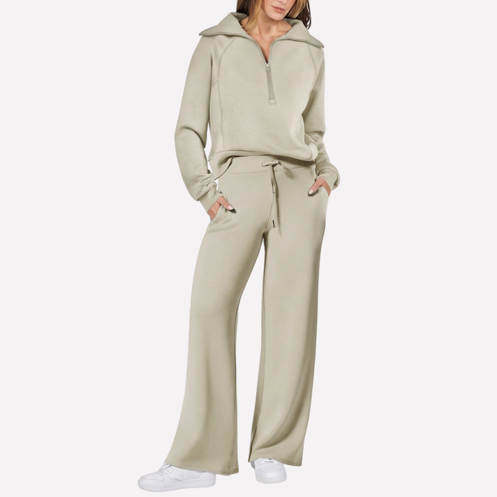 Modern women's 2-piece travel outfit, a comfortable wide leg pant and top set in soft rayon blend for vacation.