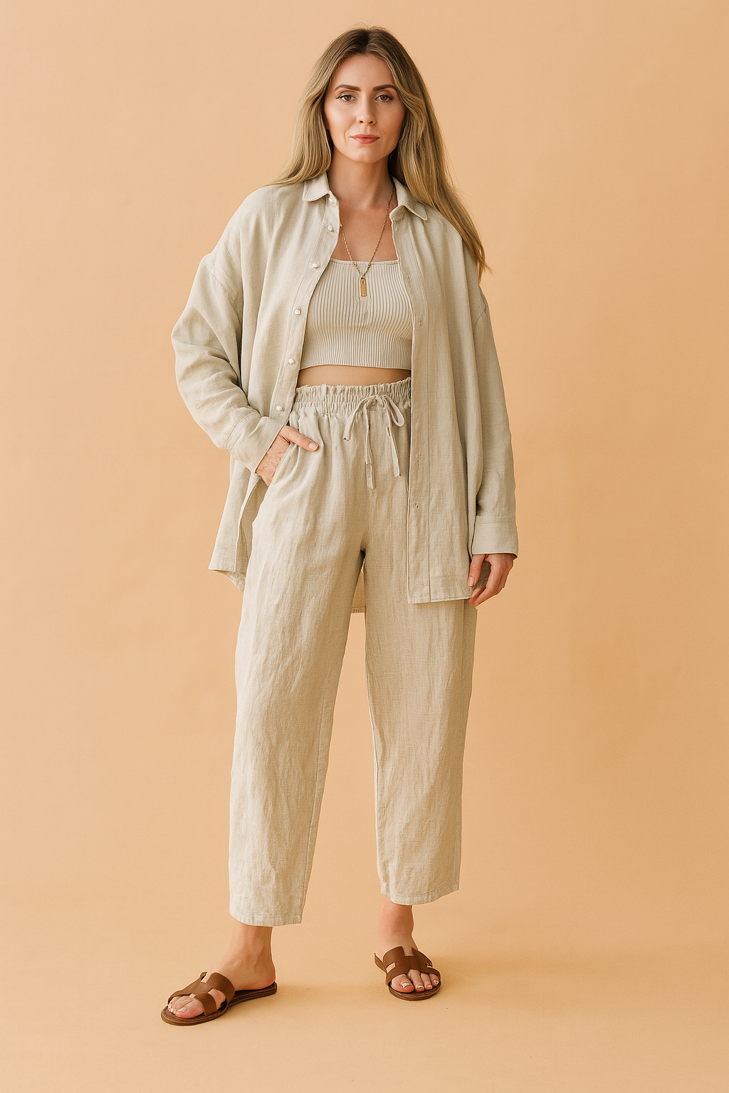 Comfortable women's beige three-piece set with a crop top, blouse, and wide-leg pants, ideal for casual outfits.