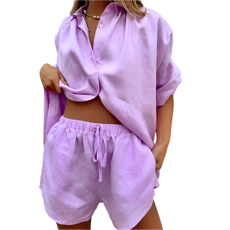 Modern women's two-piece cotton set; comfortable lounge wear for spring and summer activities.