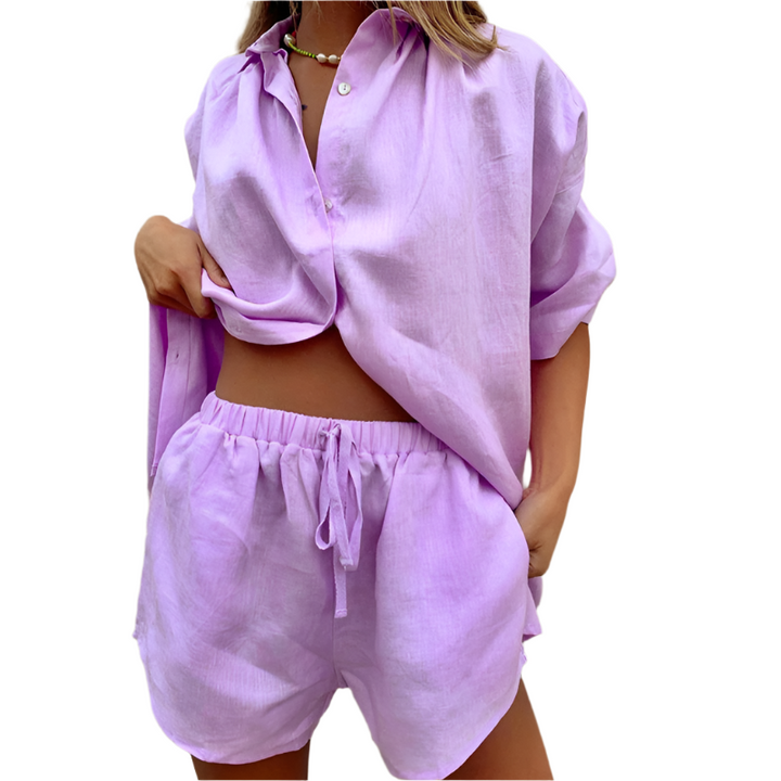 Modern women's two-piece cotton set; comfortable lounge wear for spring and summer activities.