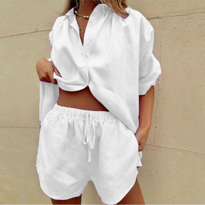 Soft short-sleeve cotton top & matching shorts; a relaxed fit women's two-piece lounge wear set.