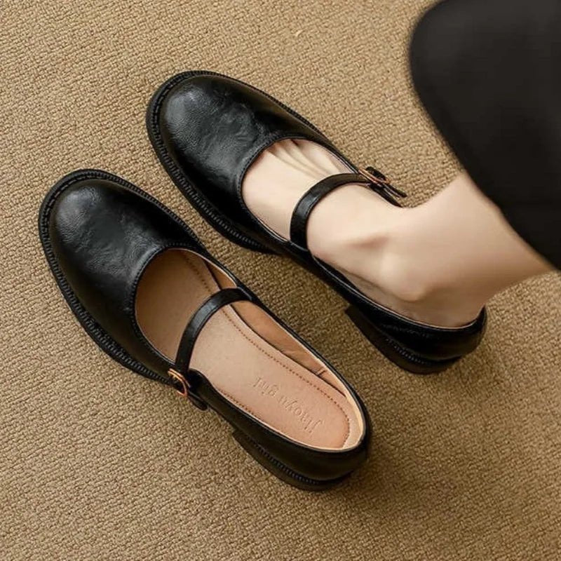 Comfortable women's Mary Jane flats with a low block heel & adjustable ankle strap for everyday wear.
