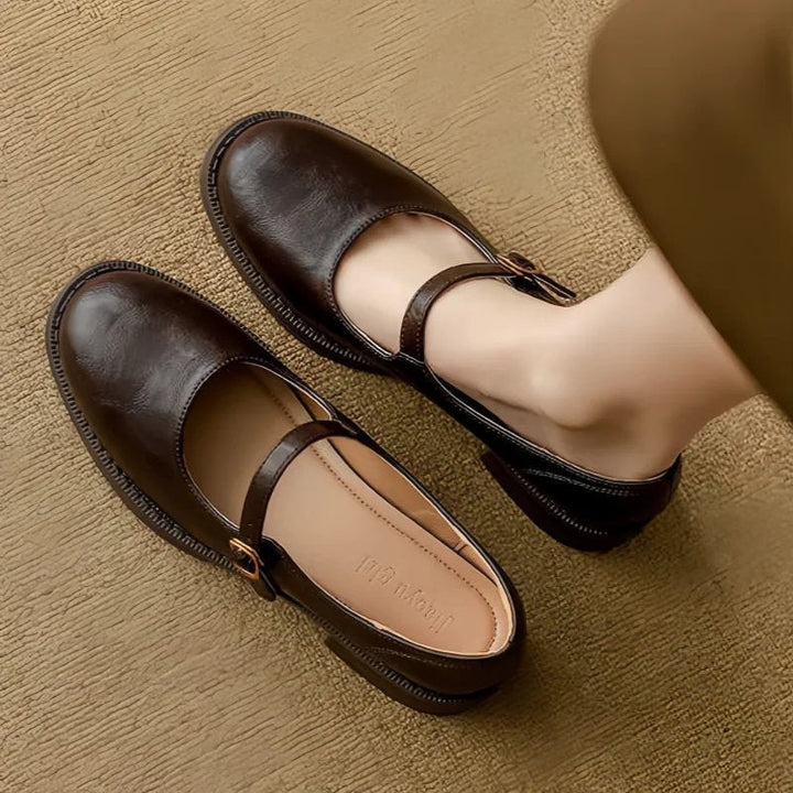 Low block heel Mary Jane flats for women, offering a timeless look & comfort for classic everyday style.