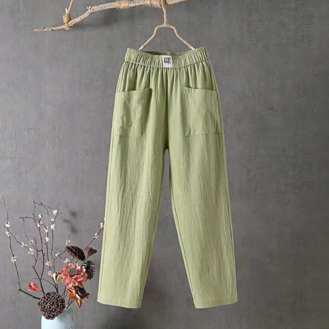 Comfortable women's mid-rise stretch trousers, perfect for casual wear or travel.